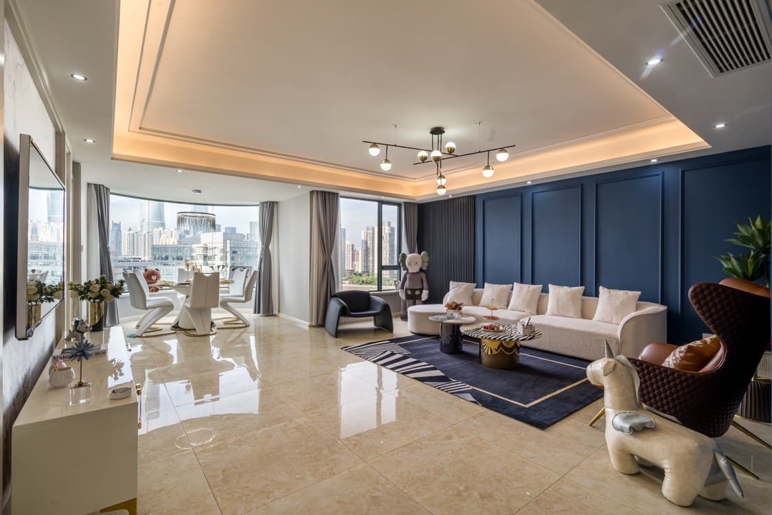 Floor-to-ceiling windows with panoramic river views