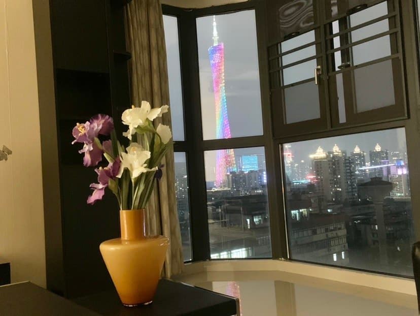 The living room features floor-to-ceiling windows offering a 270-degree view of the Canton Tower.