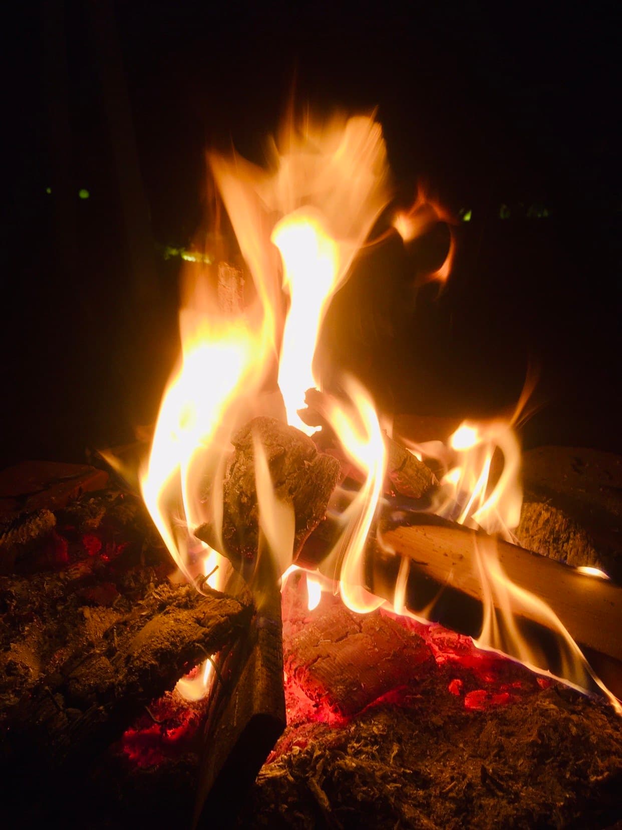 Campfire talk in the courtyard