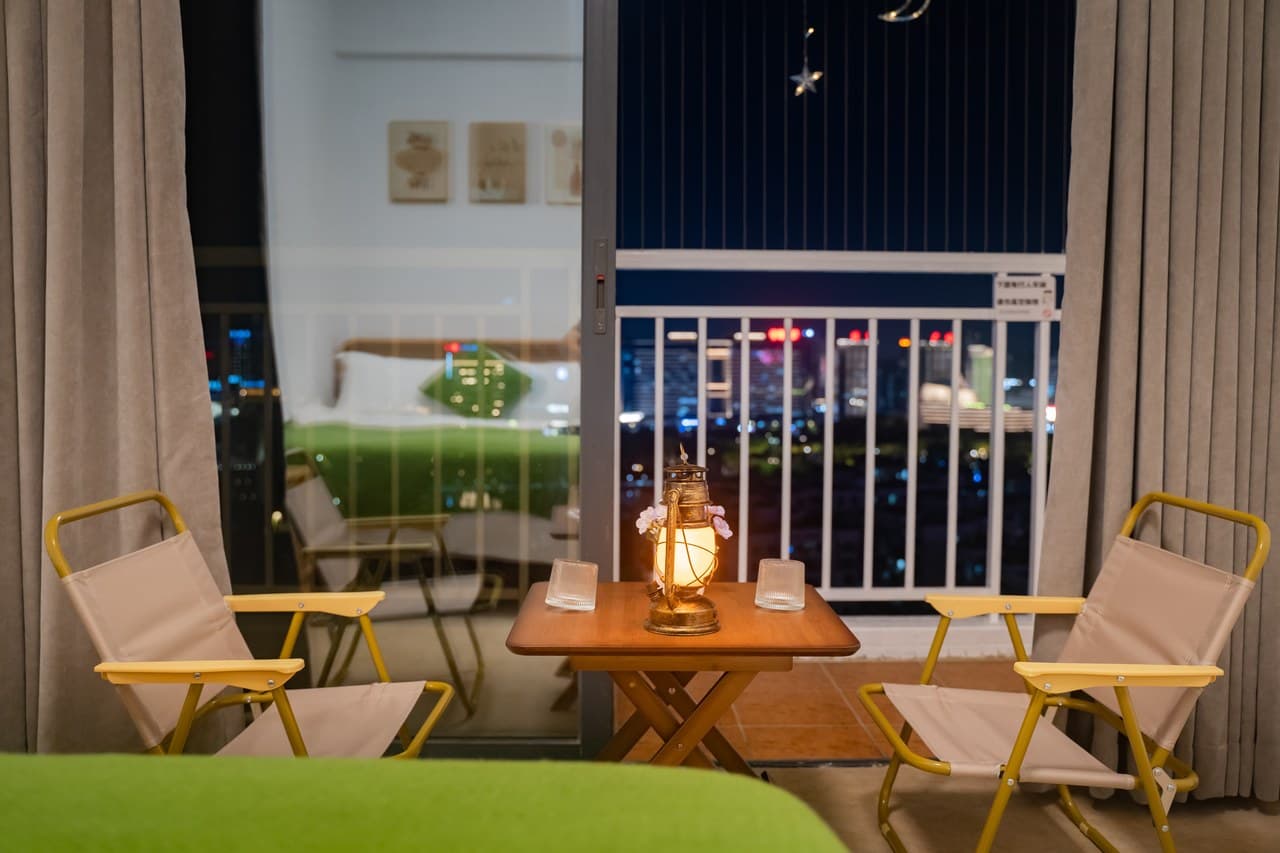 Commercial dining options with unobstructed city night views from the balcony.
