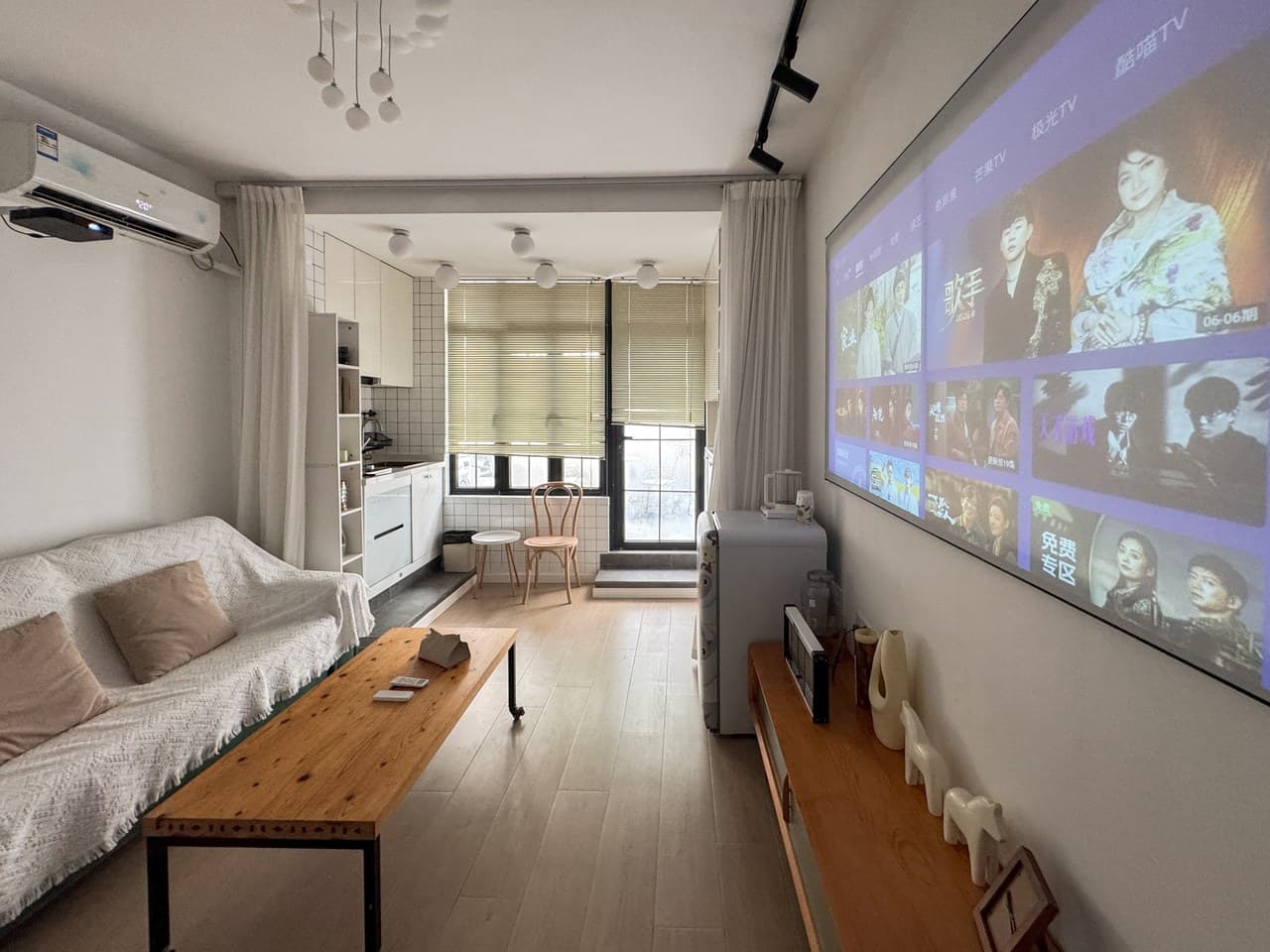 South-facing with a small courtyard, 100-inch projector